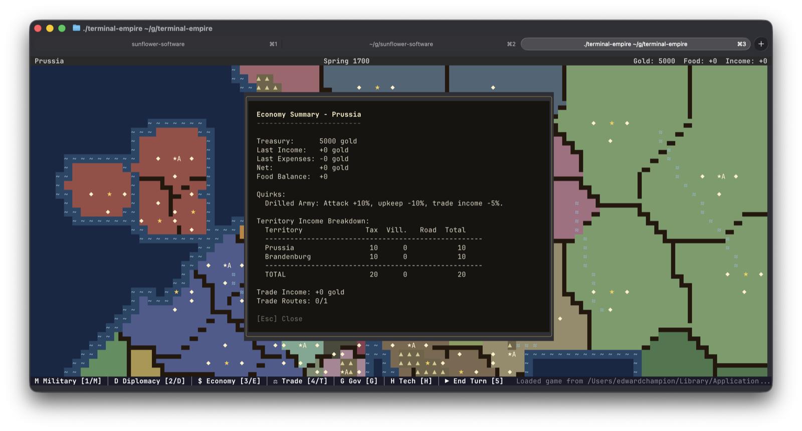 Terminal Empire economy summary dialog for Prussia, showing treasury, last income, last expenses, food balance, national quirk (Drilled Army: Attack +10%, upkeep -10%, trade income -5%), territory income breakdown, and trade routes.