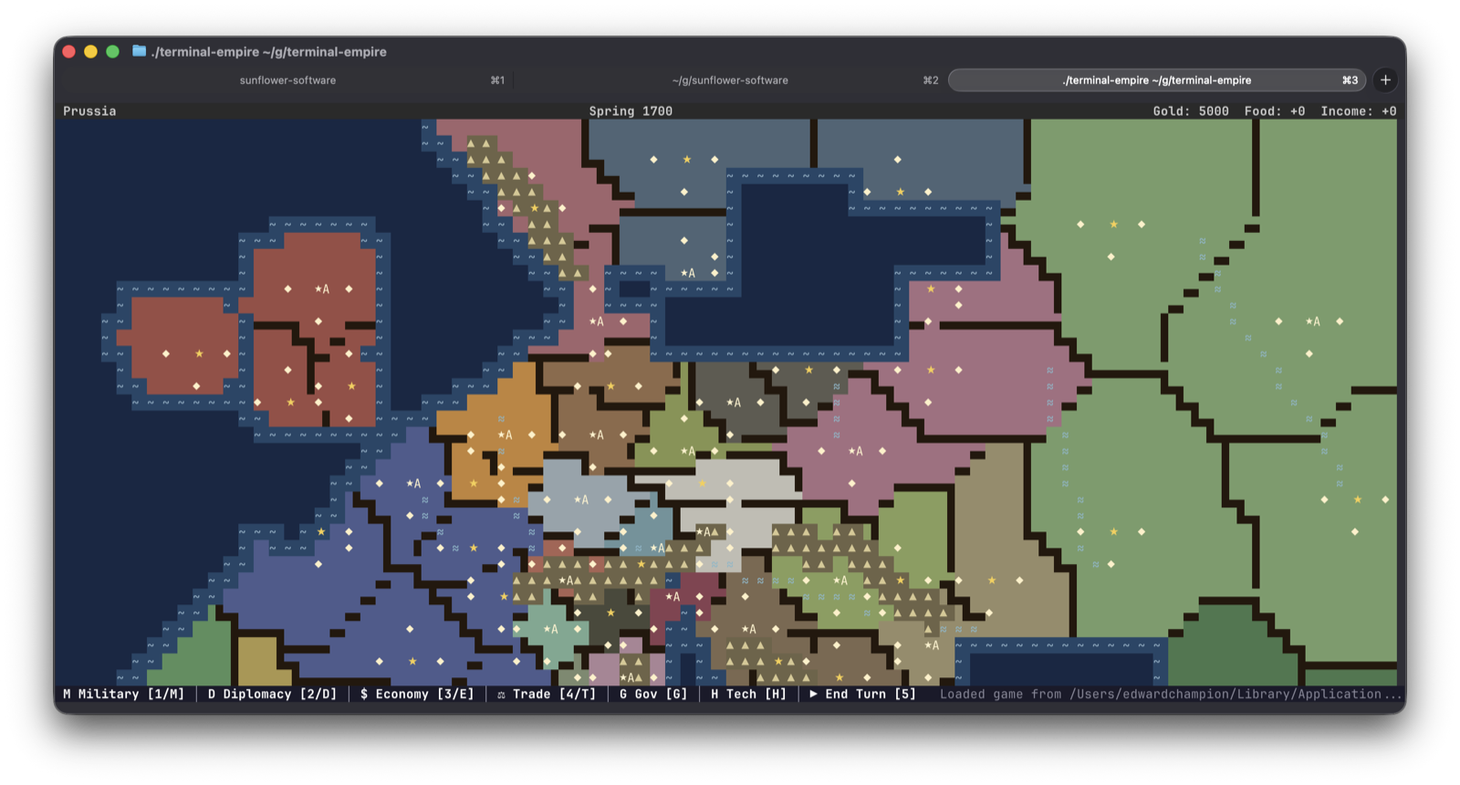 Terminal Empire main map view: a color-coded map of Europe with nine 18th-century nations, capitals marked with yellow stars, villages with white diamonds, and armies with star-A markers. The top status bar shows Prussia in Spring 1700 with treasury, food, and income, and the bottom command bar shows M Military, D Diplomacy, $ Economy, Trade, G Gov, H Tech, and End Turn.